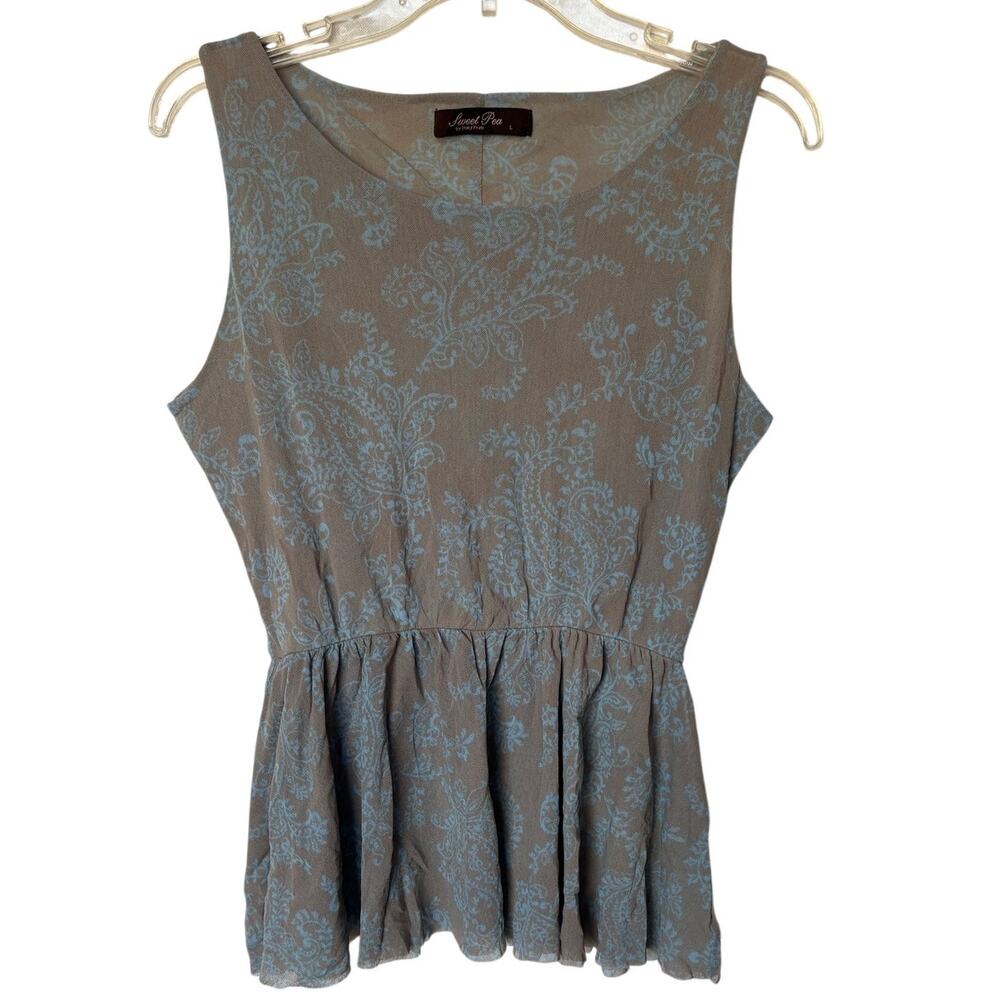 Sweet Pea Nylon Mesh Peplum Tank Top Boho Fairy Sage Green Blue Paisleys size L